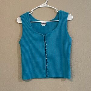 Vtg Basic Editions Teal Knit Button-Front Tank Top